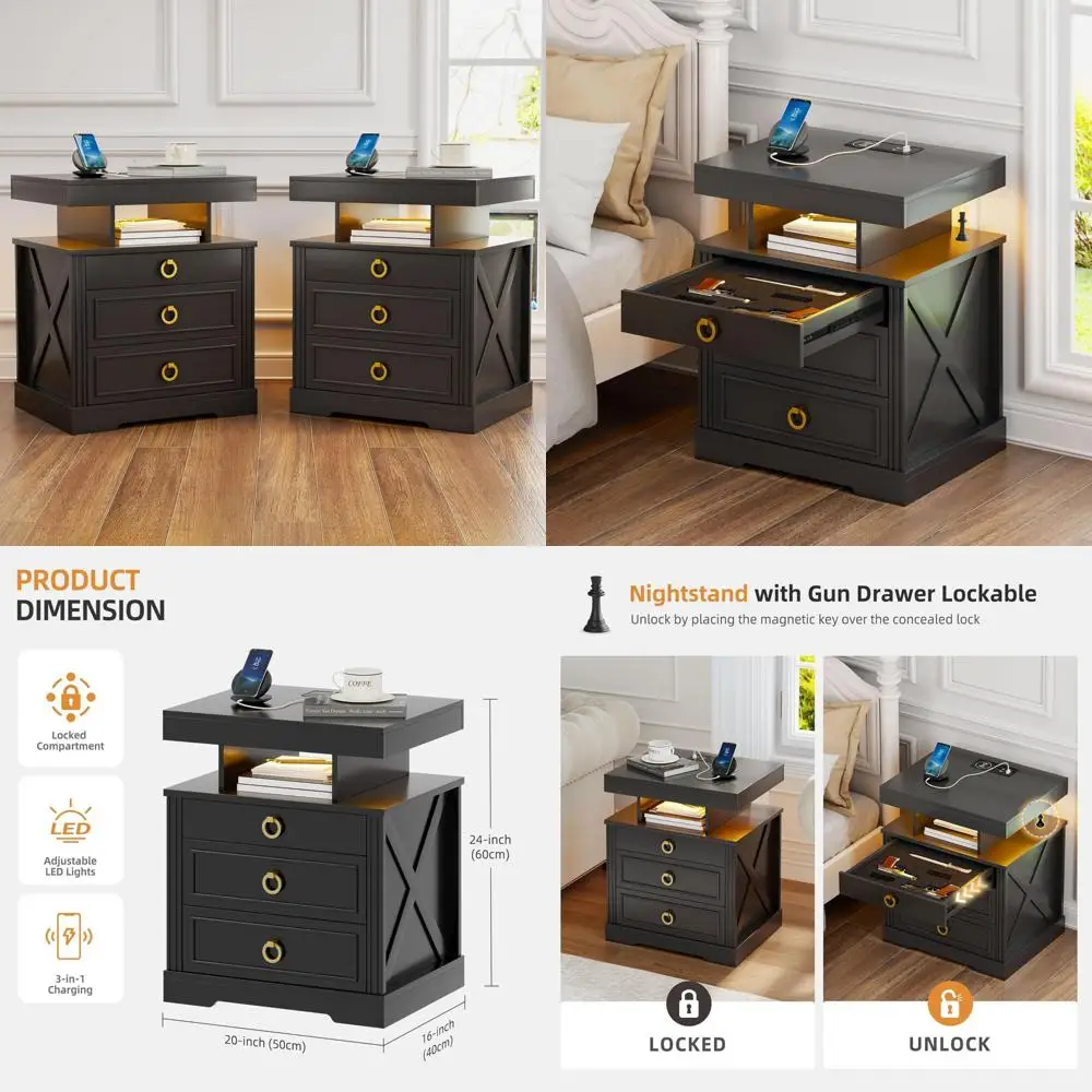 

Набор тумбочек из 2 предметов с запирающимся ящиком для пистолета, 3-цветный светодиод с регулируемой яркостью, зарядная станция, прикроватные тумбочки в стиле фермерского дома