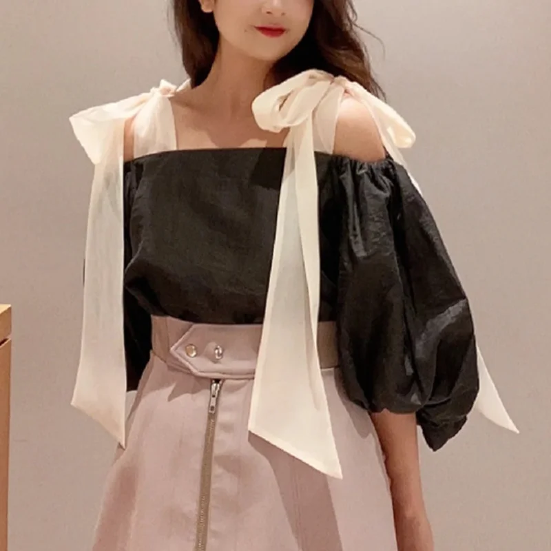 Wakuta Korte Lantaarnmouw Vetersluiting Chemise Femme 2024 Chiffon Effen Kleur Zoete Blouses Japan Vlinderdas Losse Off Shoulder Tops