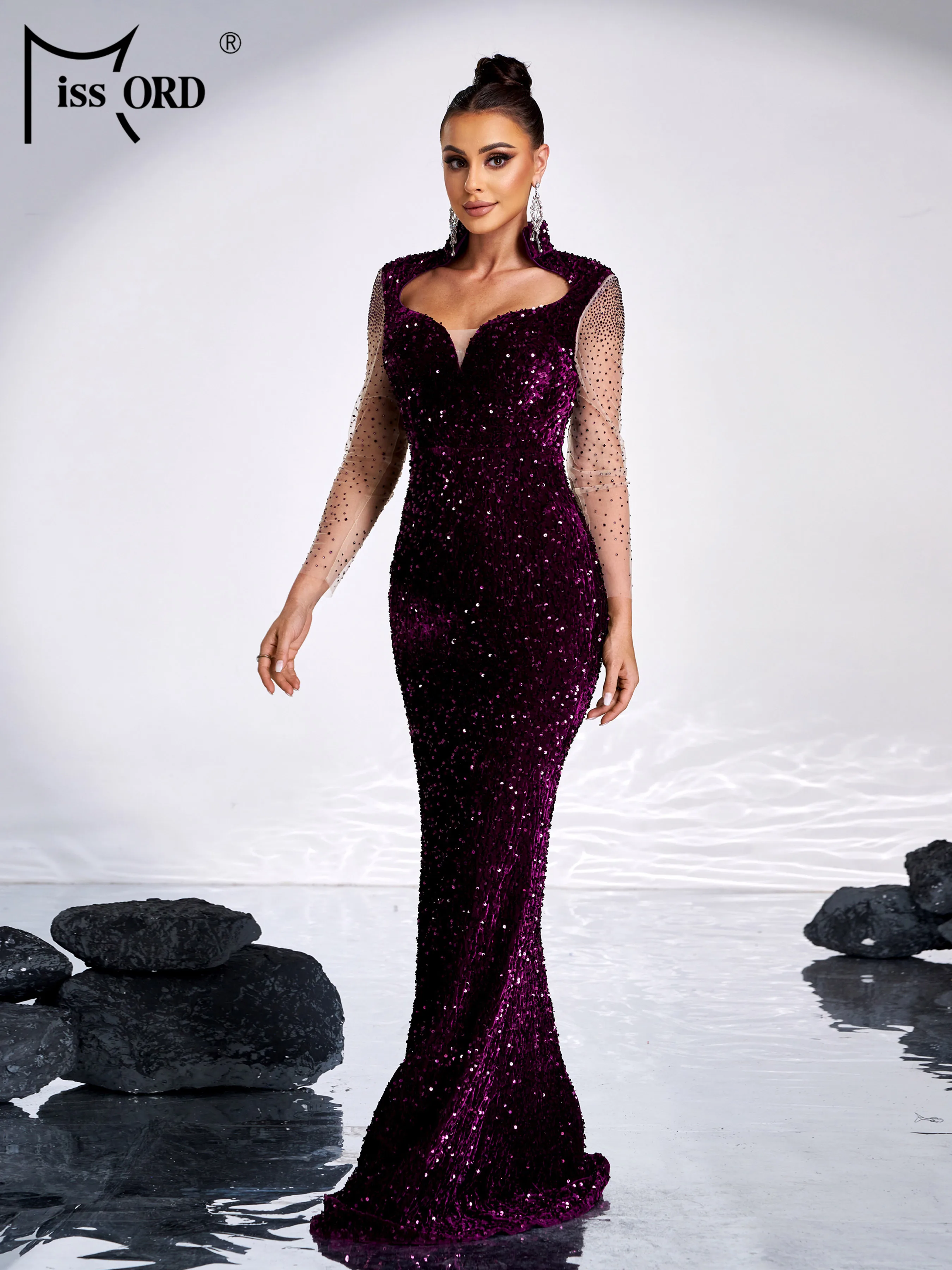 

Missord New Purple Sequin Mermaid Evening Gown Wedding Birthday Party Floor Length Formal Occasion Prom Chic Elegant Dresses