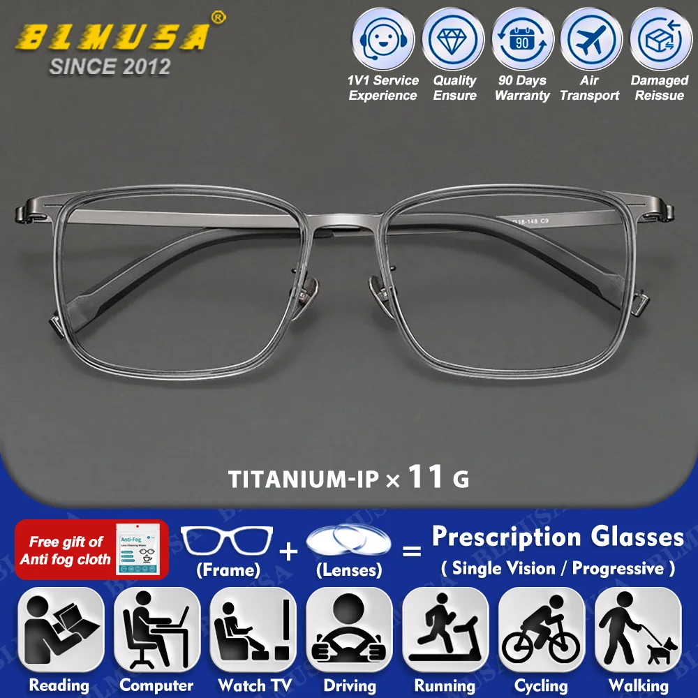 

BLMUSA (L) Vintage Ultralight Blue Light Filter Progressive Prescription Glasses Men Square Titanium Optical Myopia Eyeglasses
