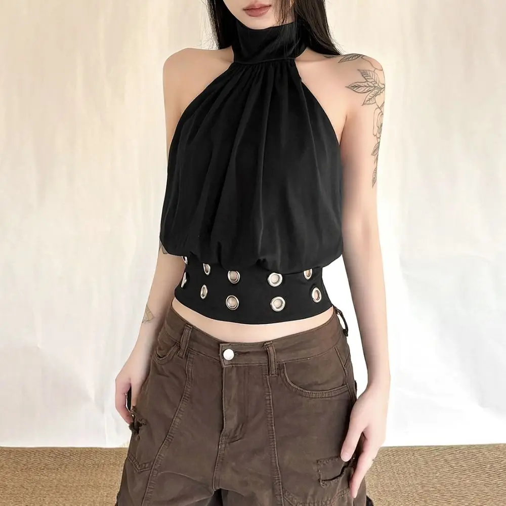 Hollow Out Design Halter Tank Top Metal Rings Detail High Neck Style Crop Tank Top Sexy Cut Out Black Color Hollow Out Top