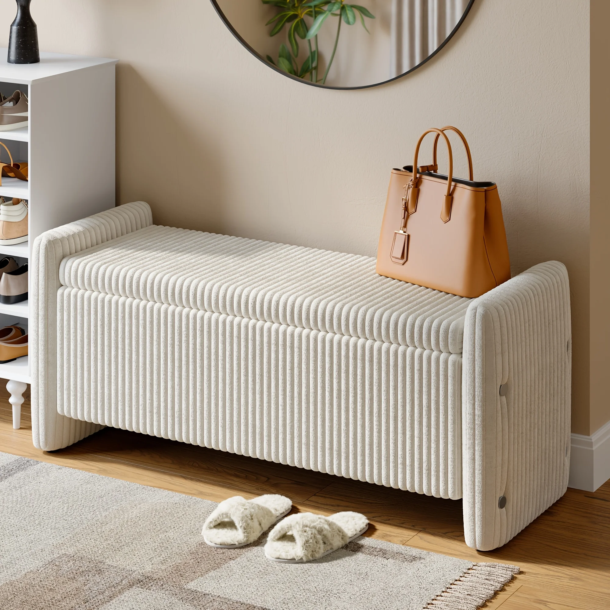 

44'' Velvet Storage Ottoman Bench For Bedroom, Supports Up To 600 Lbs, Clothes And Toys Storage, Cozy And Soft For Entryway And Living Room, Modern Vertical Stripe Unique Design, Spacious Storage
