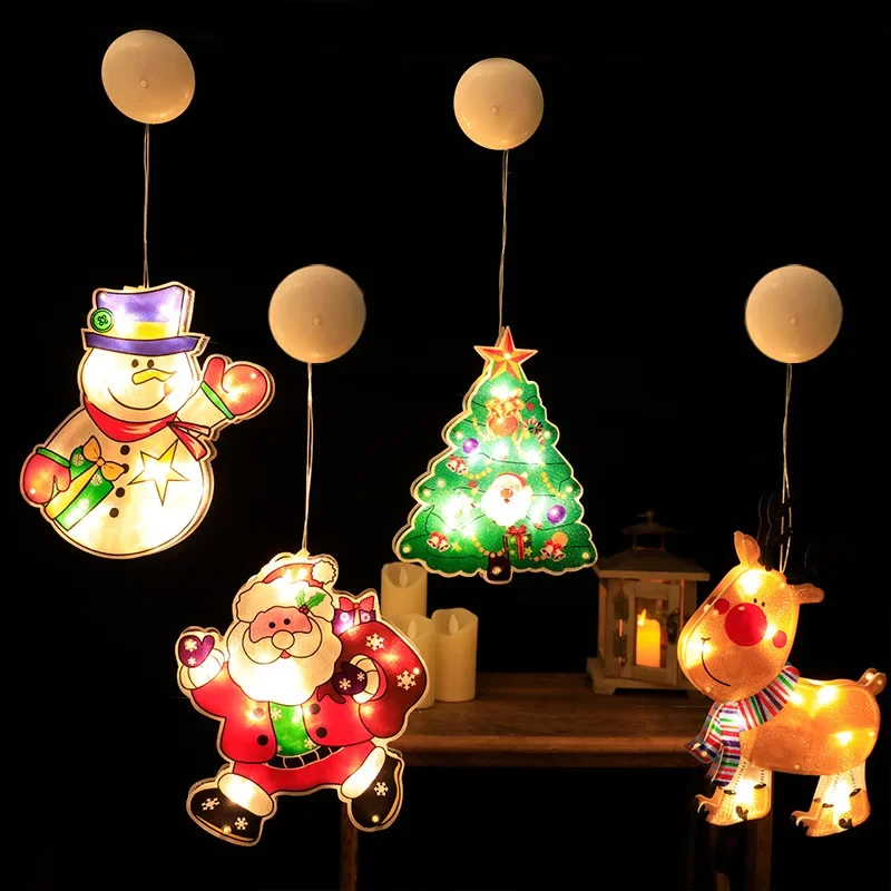 Christmas Suction Cup Light Xmas Santa Claus Snowman Elk Style Window Decoration LED String Light for Indoor Home New Year Party