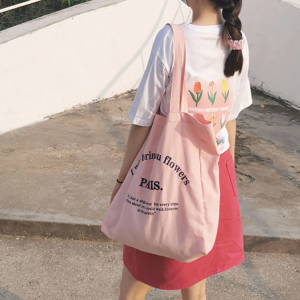 1 Piece Sweet Pink White Color Tote Bags for Girl Korean Fashion Canvas Embroidery Shoulder Bag High Capacity Women Handbag