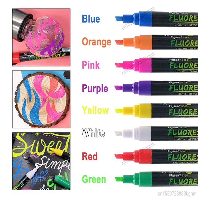 Erasable Fluorescent Liquid Chalk Marker Pen 6mm Oblique Tip Art Graffiti For Glossy Surface LED Light Board Glass Blackboard