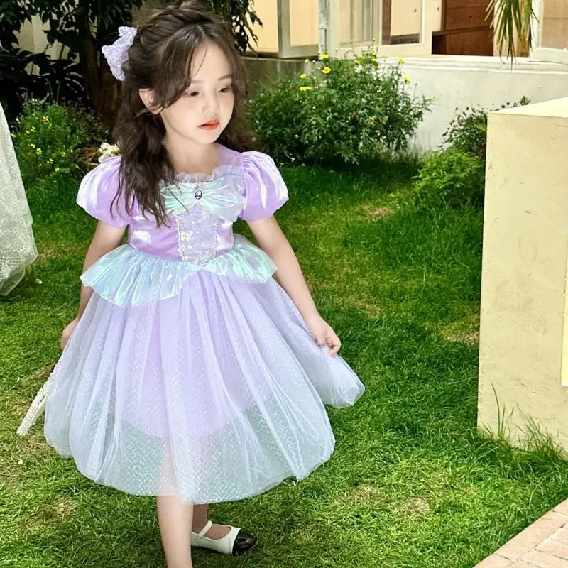 Summer Girls Mermaid Mesh Sequined Princess Dress Short-Sleeved Fluffy Kids Gauze Tutu Skirt Party Dress Cos Clothes Gift New