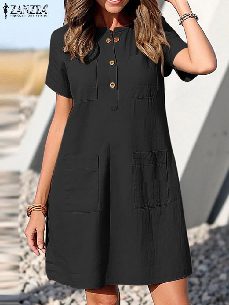 ZANZEA Work Wear Elegant Dress 2024 Fashion Women Solid Short Sleeve Cargo Vestidos O Neck Summer Party Knee-length Sundress