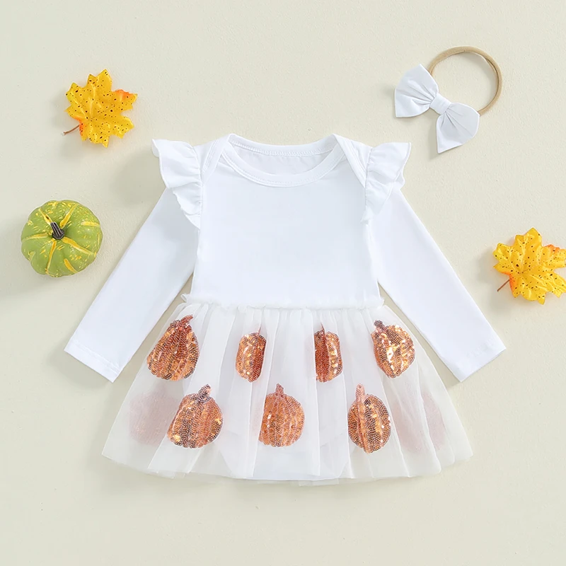 

Suefunskry Baby Girl Halloween Romper Dress Long Sleeves Pumpkin/Ghost Sequin Skirt Hem Jumpsuit with Headband 2 Pcs Set