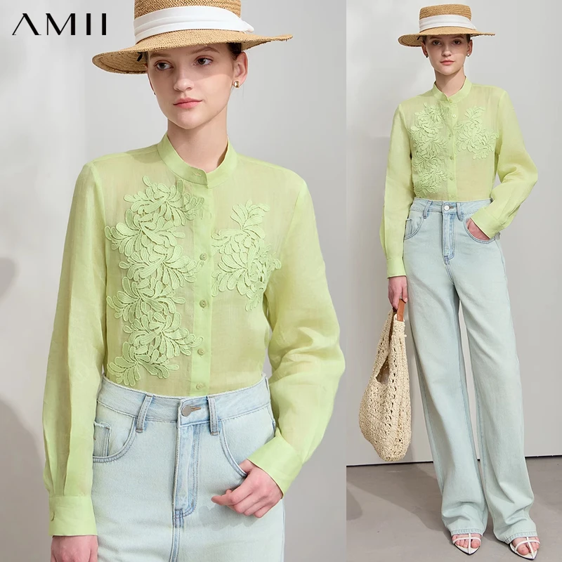 

Amii Minimalism Women Shirts 2024 Autumn New Chinese Stand Collar Lace Decal Shirt Fashion Female Shell Button Blouses 12443001