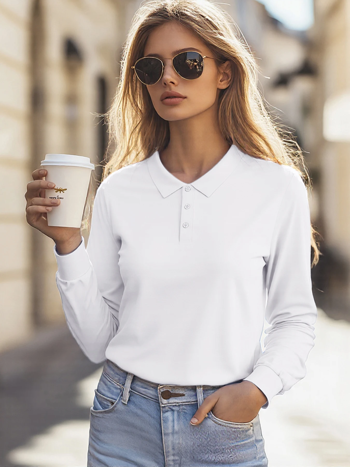 Women's Autumn Solid Tee Comfortable Business Polo Shirts Colour Casual T-Shirt Commute Company Tops Street Button Workwear