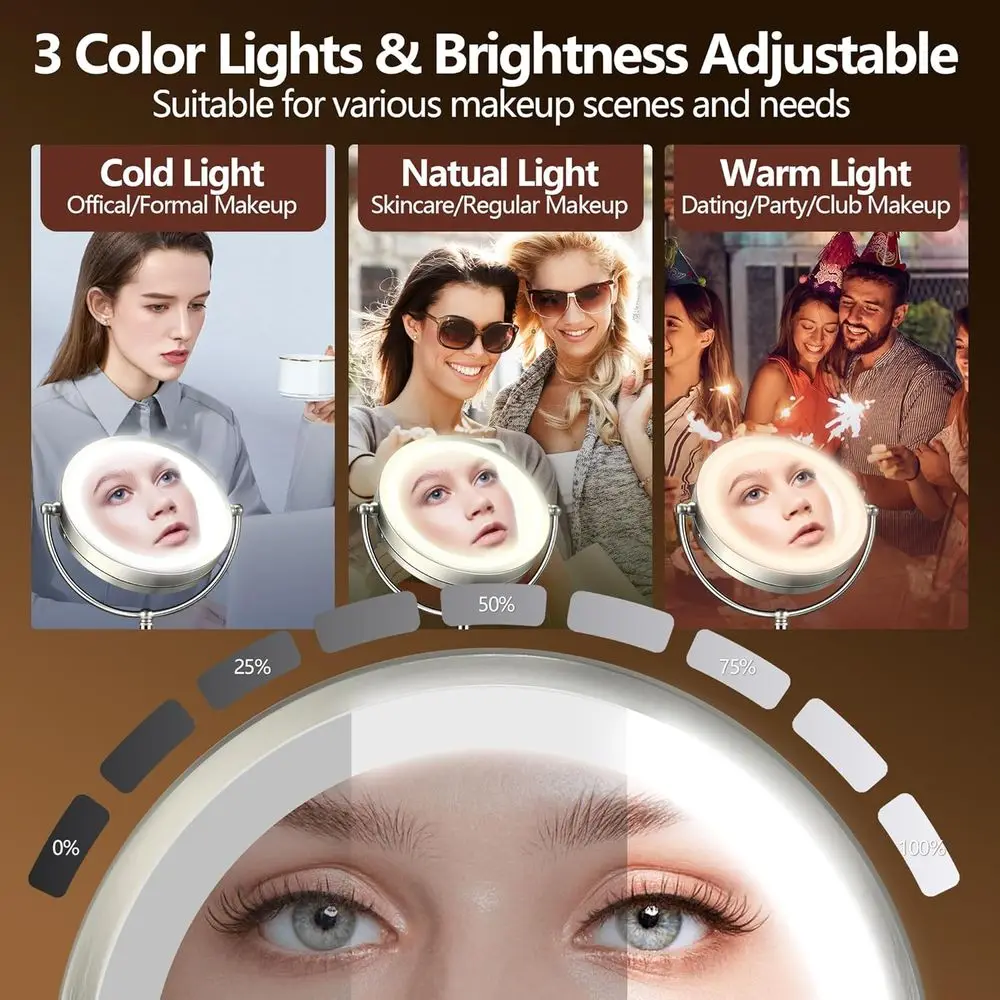 9 Rechargeable LED Makeup Mirror with 30-Minute Timer, 3 Lighting Modes, Adjustable Brightness, 360° Rotation, Pearl Nickel Fini
