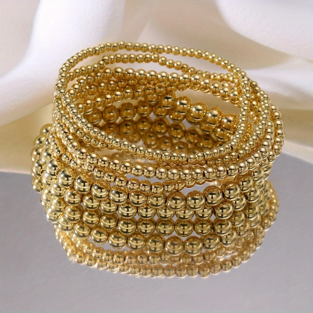 Juego de 7 pulseras de cuentas doradas para mujer, ajuste elástico flexible, brazaletes de cuentas minimalistas, accesorio de joyería elegante para uso diario y de fiesta