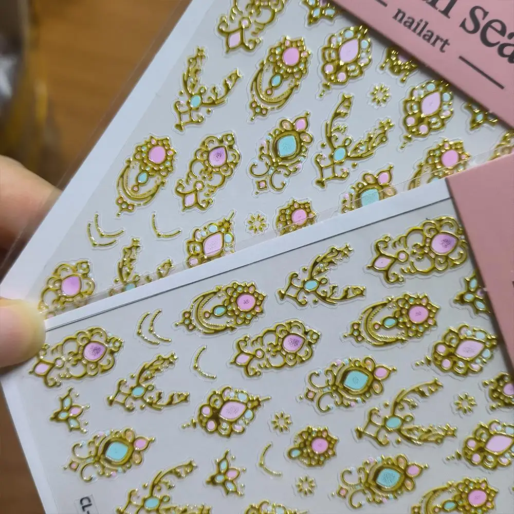 1Pcs 5D Gold Baroque Scepter Nail Stickers Pink Green Luxury Gemstone Nail Decals Self-Adhesive Retro Nail Art Decoration Slider