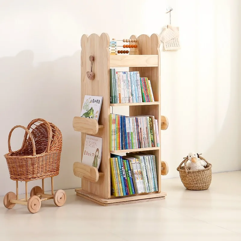 360도 회전 책장, 원목 어린이 그림책 가정용 다층 수직 수납