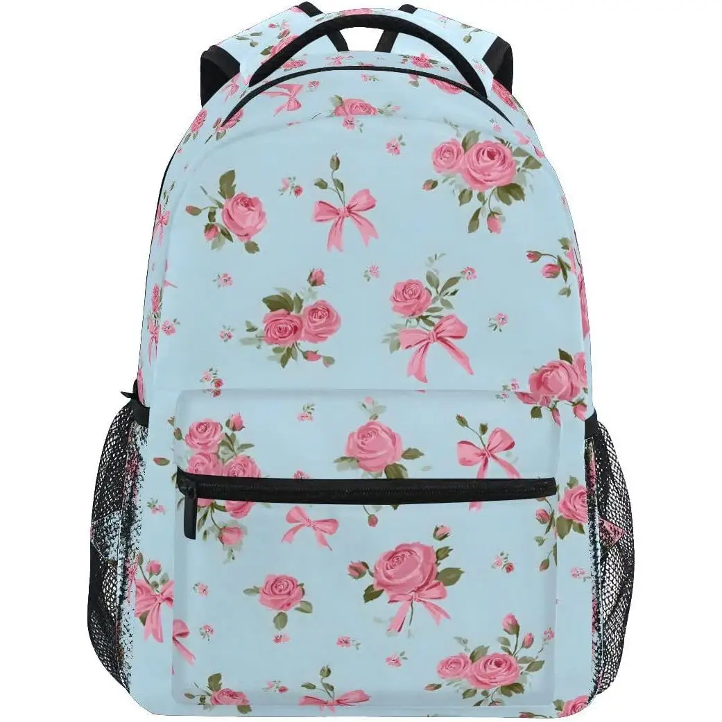 

Light Blue Pink Rose Floral Print Backpack Romantic Bow Pattern School Bag Lightweight Casual Daypack For Girls Kids Students