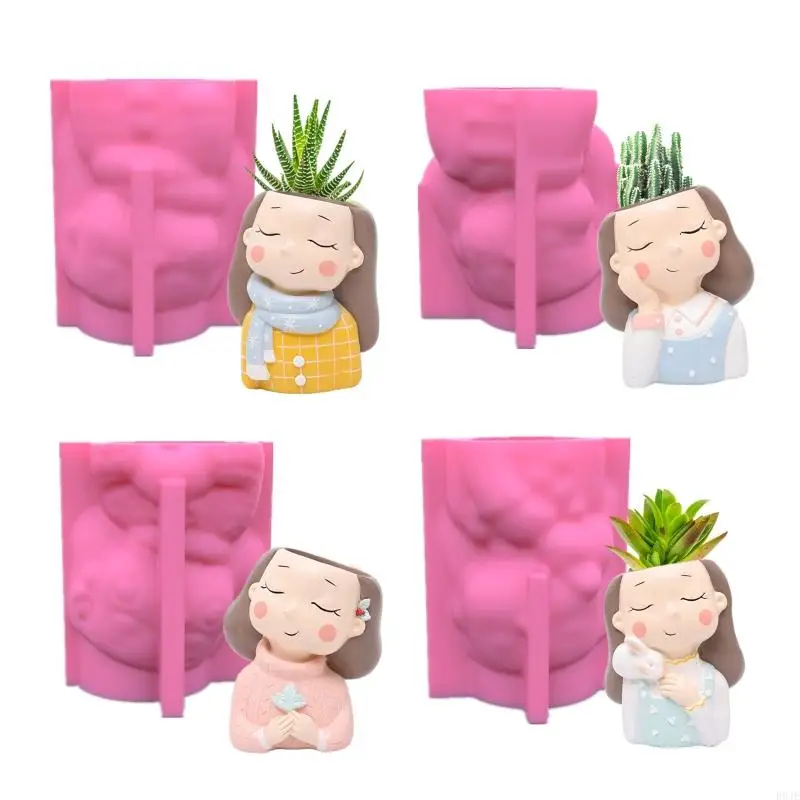 

R9JE Handmade Girl Flower Pot UV Epoxy Resin Mold Pen Holder Holder Cement Pot Planter Silicone Mould DIY Crafts