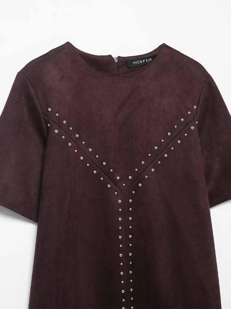 النمط الأوروبي والأمريكي الخريف الوافدين الجدد فستان نسائي بسيط عصري وعصري مع نسيج الصوف وتفاصيل برشام #5