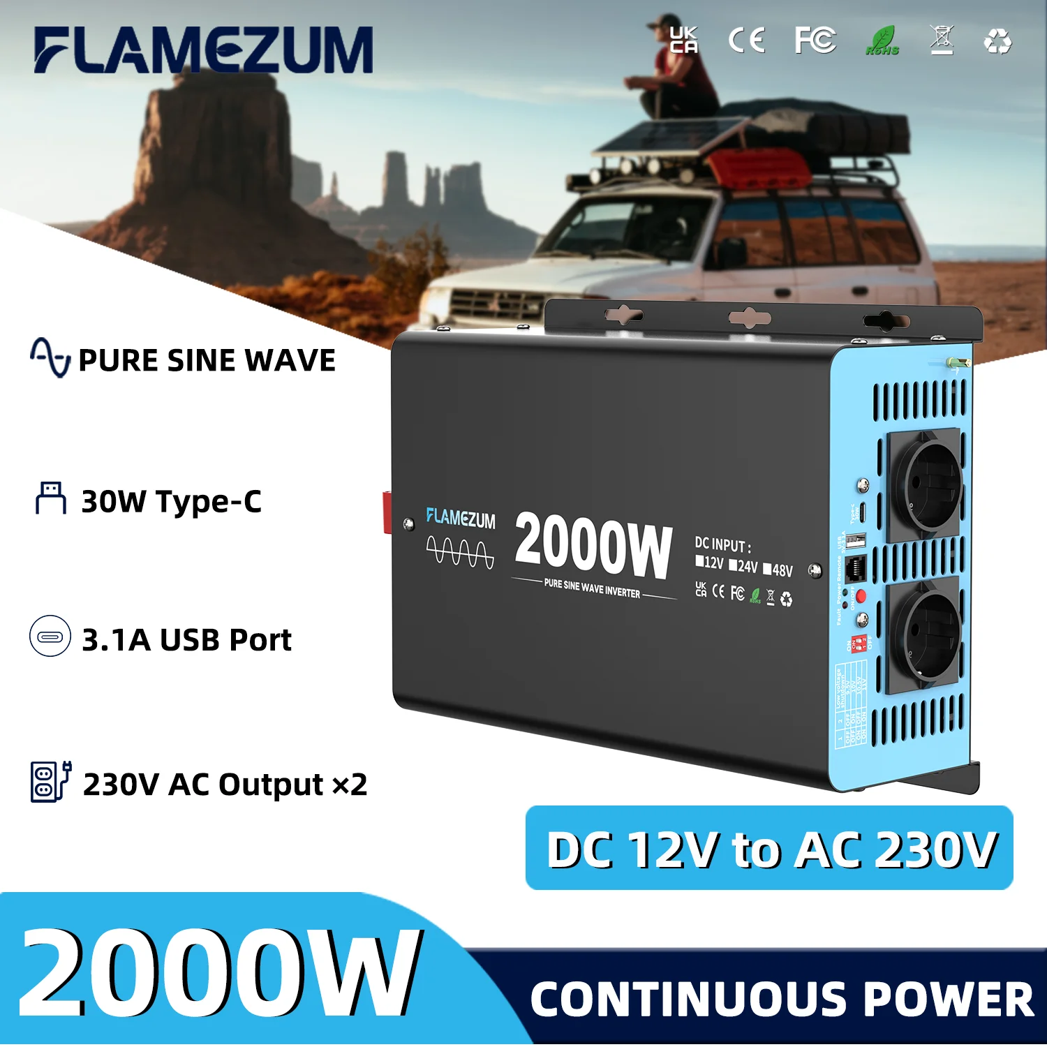 

2000W Continuous Power Pure Sine Wave Inverter Peak Power 4000W DC 12V to AC 230V 50HZ EU Socket LCD Car Voltmeter Converter