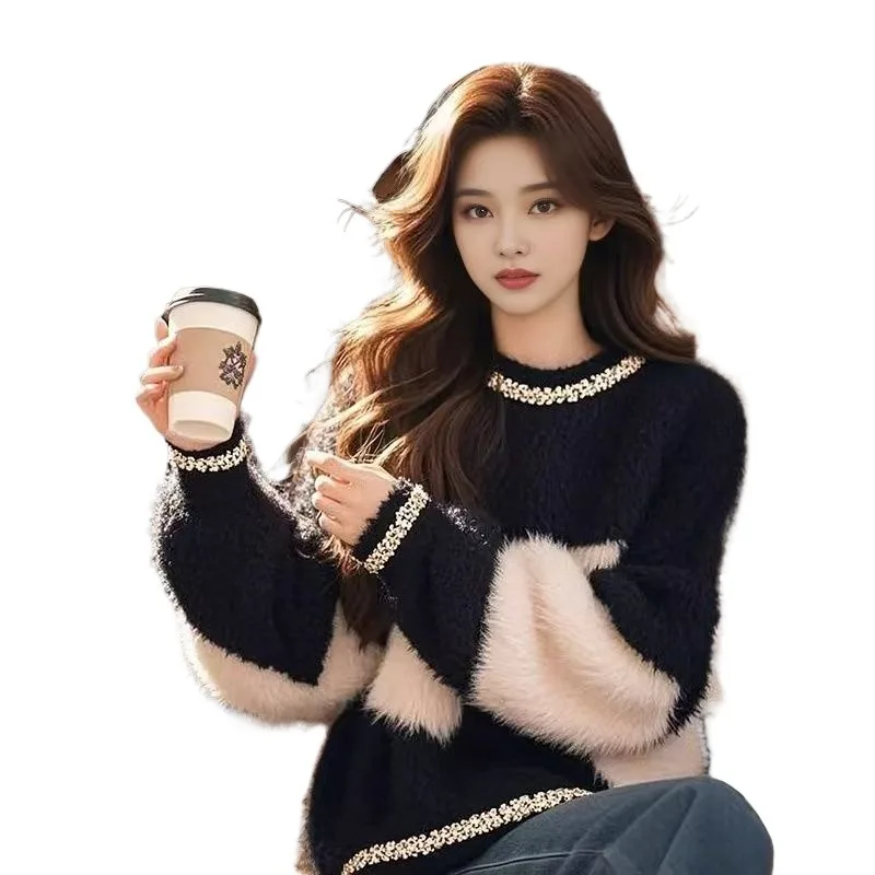 

Sweet Fresh Striped Color Matching Knitted Sweater Gentle and Lazy Style Temperament Korean Version Pullover Advanced Exquisite