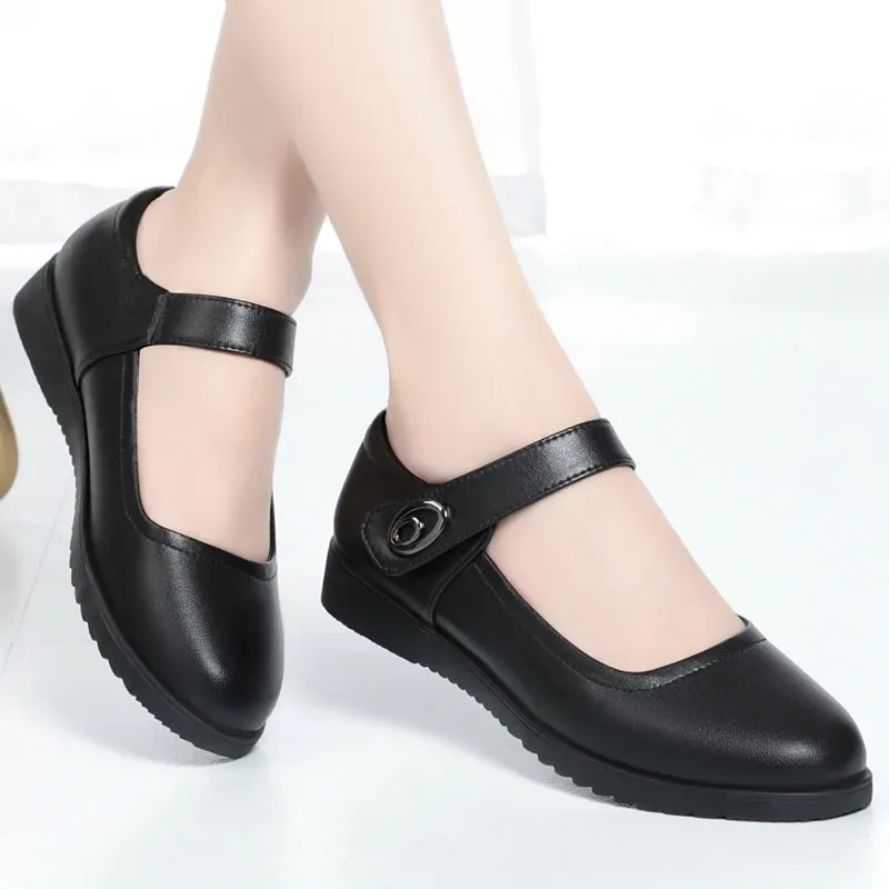 Fashion Sweet Light Weight Black Pu Leather Comfort Student School Shoes Women Leisure Street Office Buckle Strap Heel Shoes A10