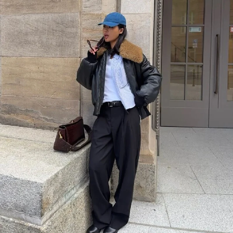 Vintage Padded Faux Leather Jacket Women Shearling Fur Collar Zip‑Up Loose Fit Warm Cropped Coat Casual Daily Ladies Outerwear