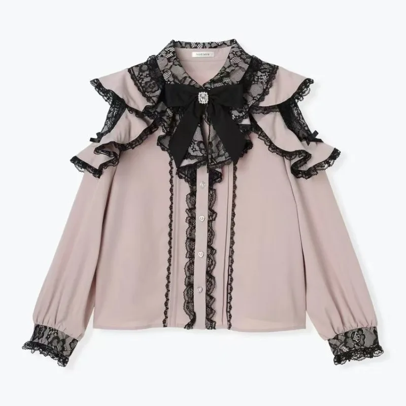 Y2k الأبيض لوليتا قميص المرأة موضة جديدة الدانتيل Blusas Mujer الخريف ثقافة فرعية بلوزات غير رسمية الوردي القوس قمصان قمصان دي