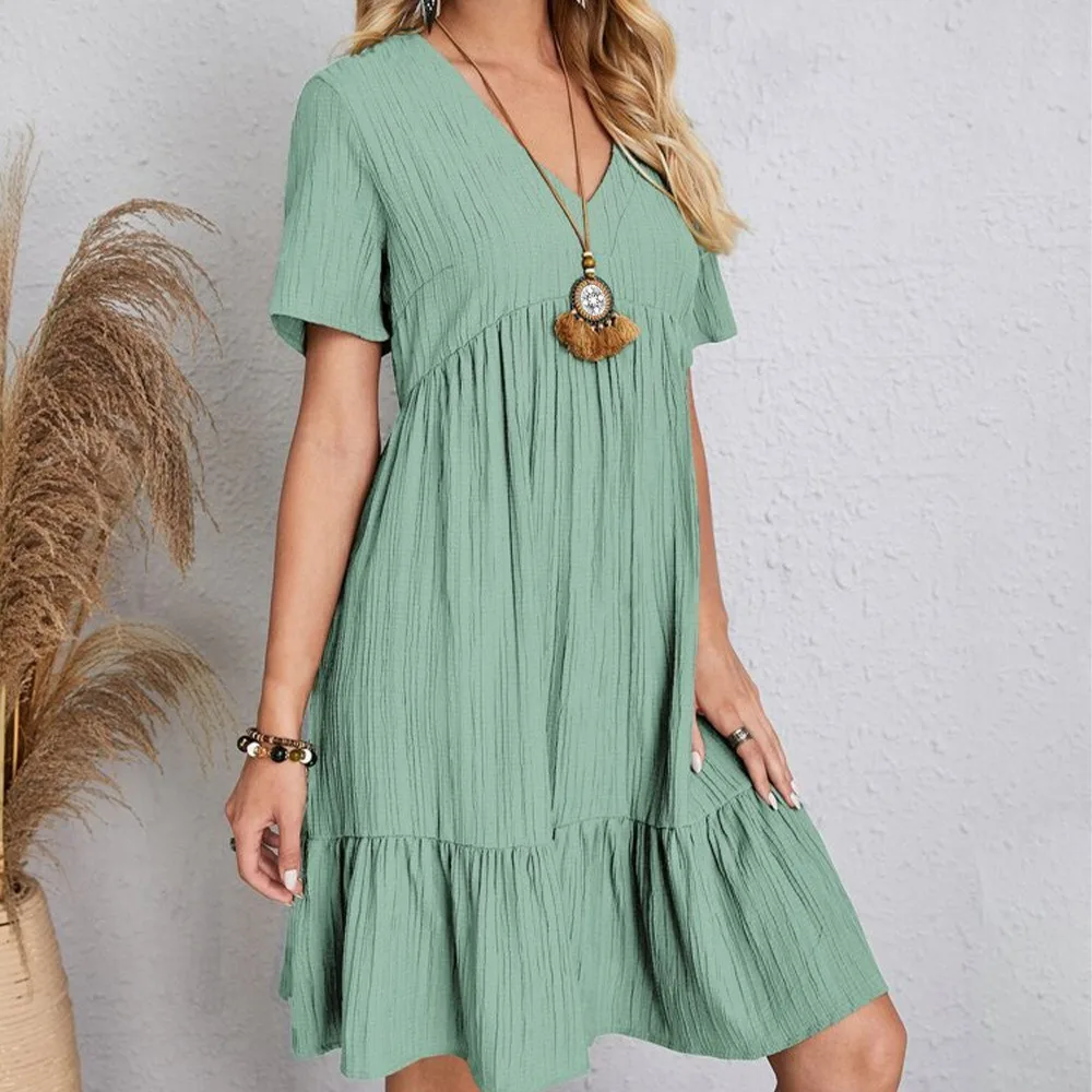 Women Summer Dresses Spring V-Neck Short Sleeve Loose Waist Ruffle Fit Flare Vocation Dresses