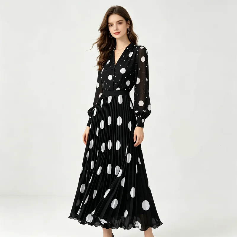 Polka Dot Pleated Long Skirt Women Summer Fashion High Waisted Work Dance Party Beach Maxi Mermaid Skirt