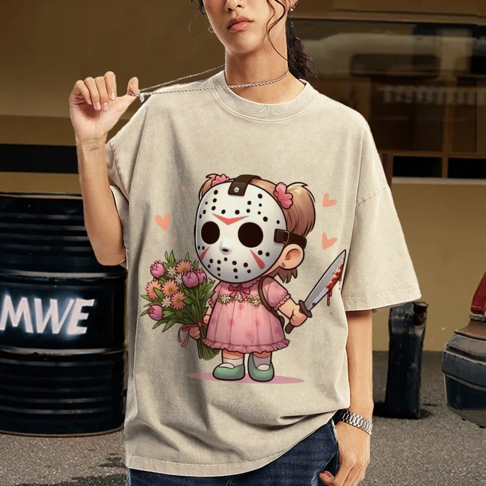 

Women Distressed T Shirt Summer Breathable Wash Tshirt Street Voodoo Doll Print Tees Clothing 2024 Casual Sport Cool T-Shirts