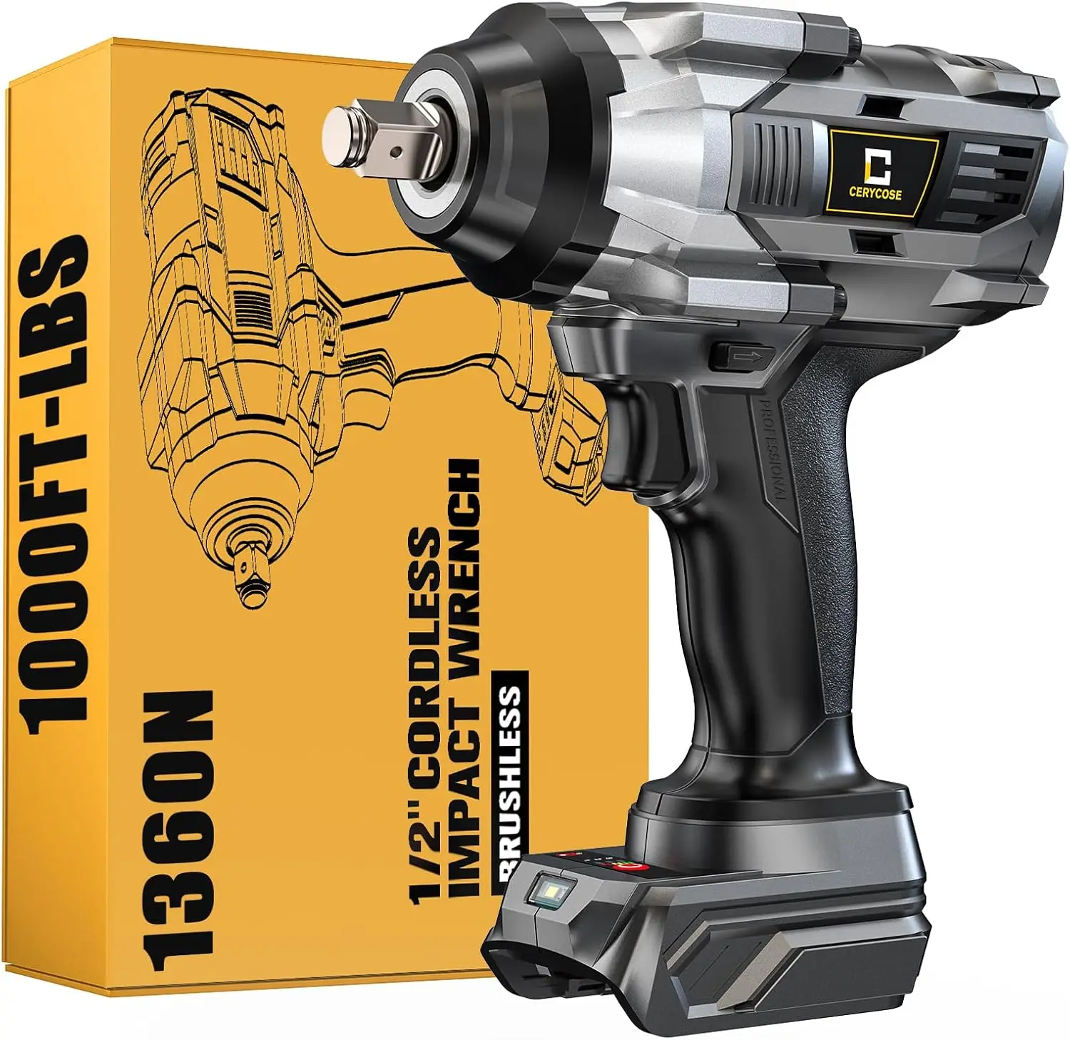 1/2 Inch Cordless Impact Wrench 1000FT-LBS Brushless Electric Impact Gun with LED Light 2100RPM High Torque