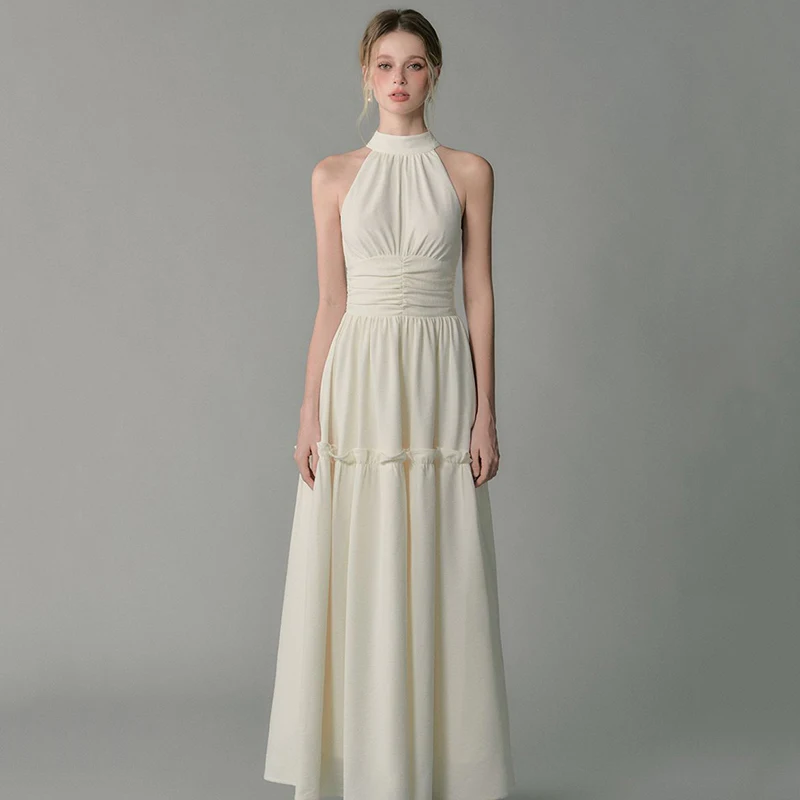 

Elegant Long Dress Women Party Prom Folds Halter Maxi Dresses Summer Korean Fashion Patchwork Sleeveless Bodycon Design Vestidos