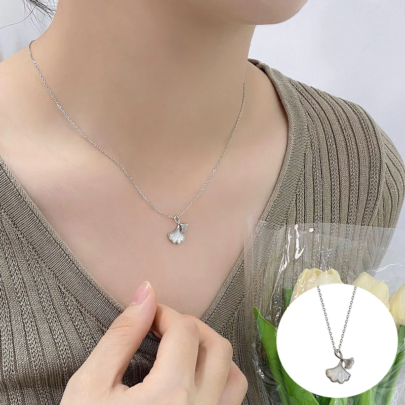 

100% 925 Sterling Silver Opal Plant Necklace for Women Girl Simple Ginkgo Leaf Design Jewelry Birthday Gift Dropshipping