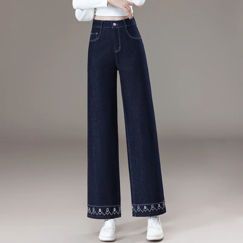 

Высококачественные широкие джинсы с высокой талией и глубоким шаговым швом на молнии на пуговицах, весна и осень, новые свободные посадки, модные широкие вышивки