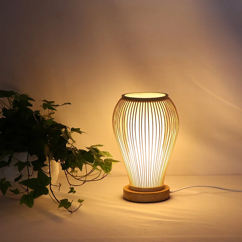 Bamboo Woven Table Lamp Eco-friendly Wooden Bedside Light Night for Bedroom Feeding Indoor Art Decoration Lighting E27 Bulb Plug