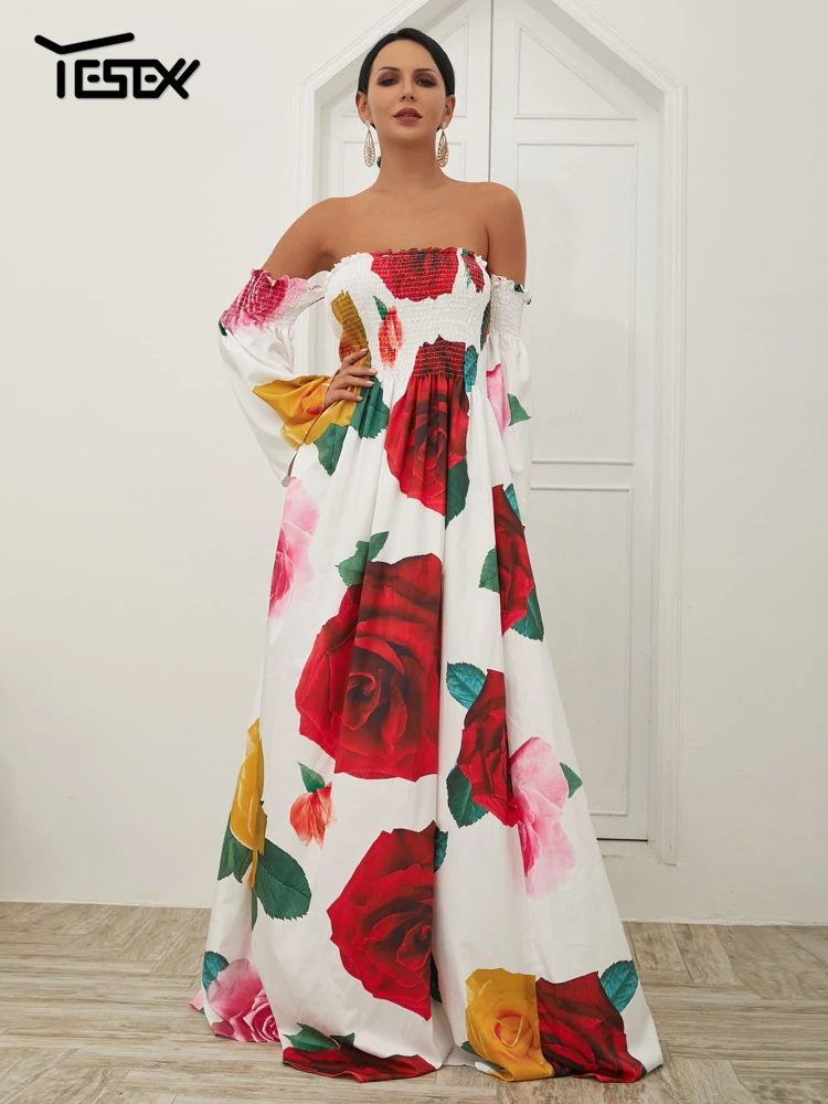 Yesexy Summer Sexy Off the Shoulder Flower Print sukienka plażowa głęboki dekolt Backless elegancka sukienka Boho z długim rękawem dla kobiet