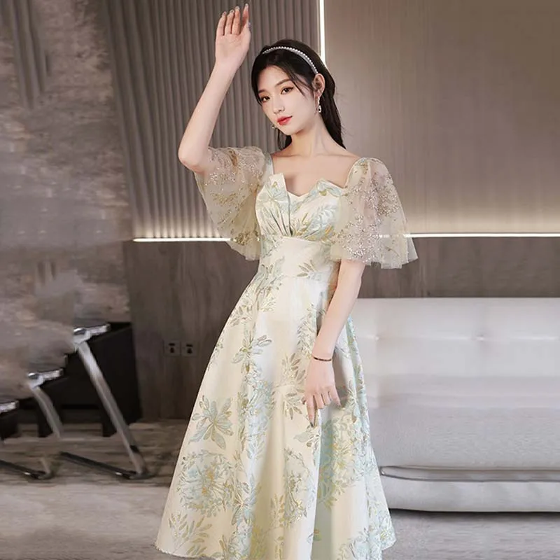 

French Style Green Party Dress for Women 2024 Spring Summer New Luxury Look Slim Embossing Evening Dresses Female Vintage Gown