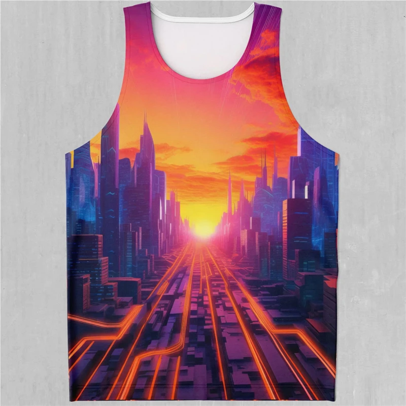 

Fashion Men's Tank Topd 3D Print Neon City Punk Large Size Men's Summer Sleeveless Vest Personality Sport Gym Vest Quick Drying