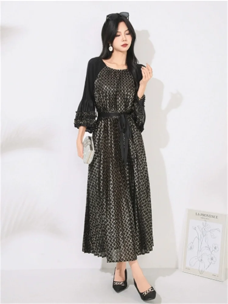 

Miyake Pleated Large Size Women's Gold-puffed Flared Sleeves Thickened Gold Velvet Casual Long Skirt 2025 Summer New Dress