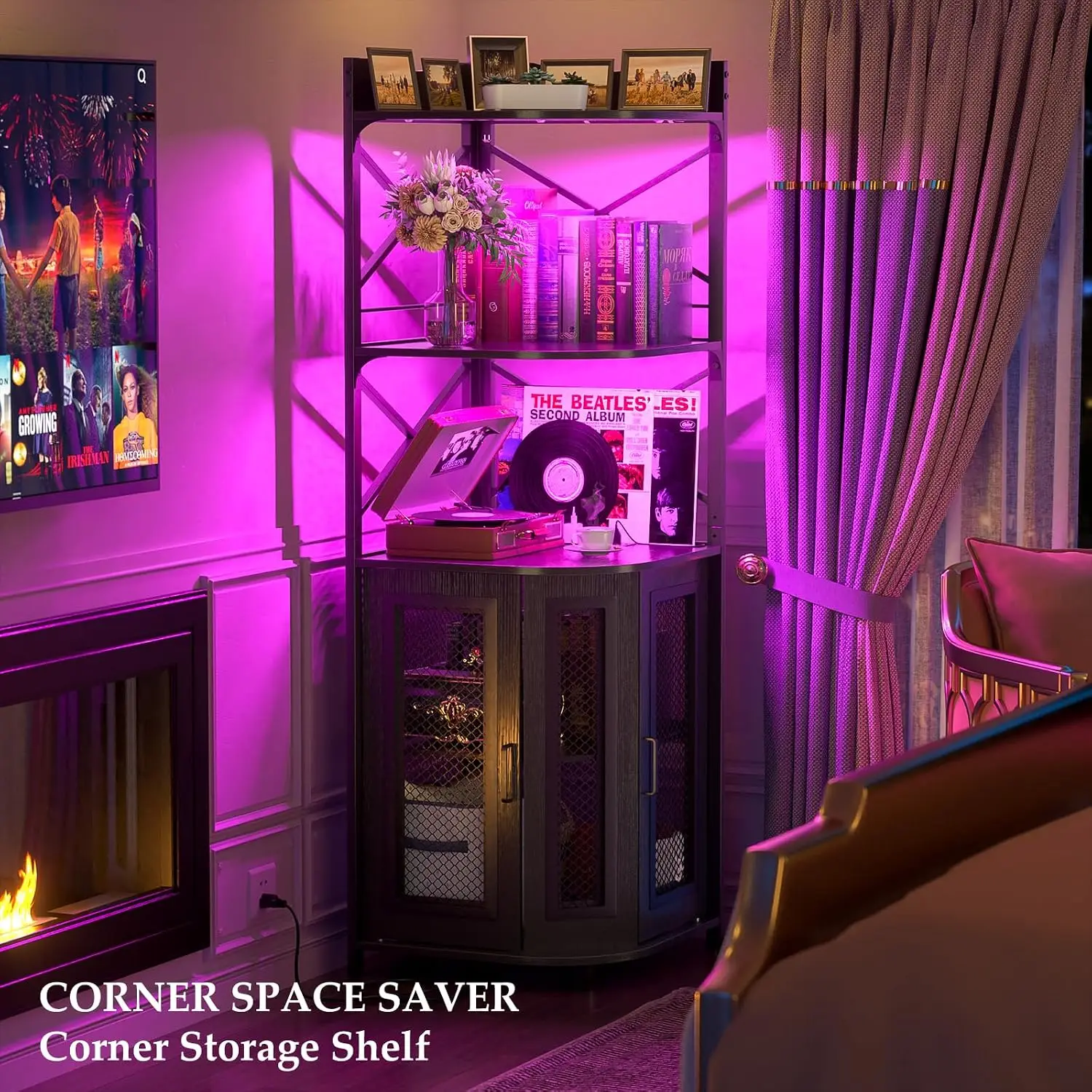 Aheaplus Corner Bar Cabinet with Power Outlet & LED Lights, 5-Tier Industrial Wine Cabinet Mini Bar Unit with Glass Holder, Corner Display Storage Cabinet for Small Space, Living Room, Kitchen image 5