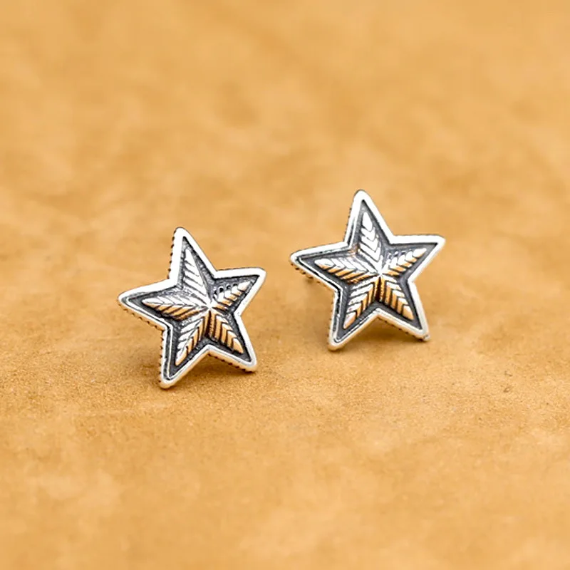 

European and American sterling silver ornament vintage Thai silver personality women's fashion pentagram stud earrings earrings