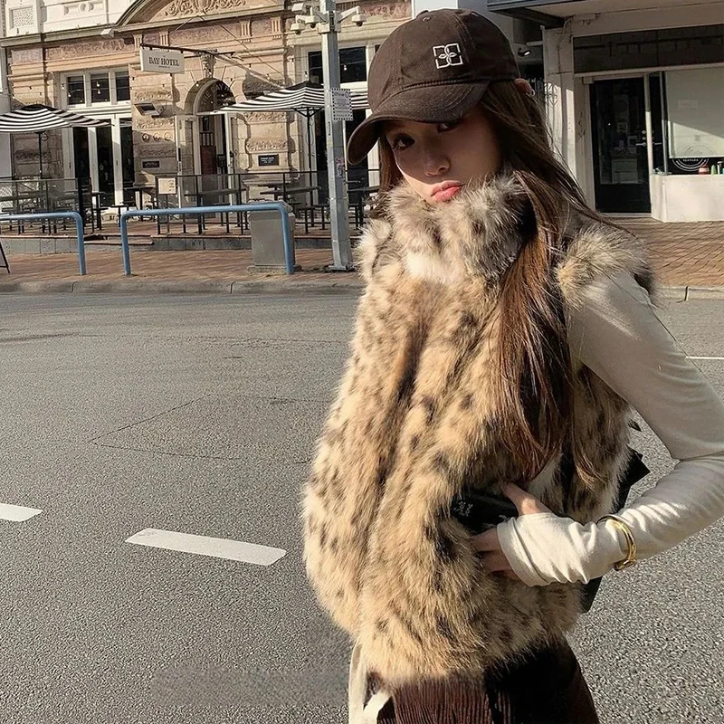 Streetwear Leopard Cropped Vest Women Y2K Faux Fur American Sleeveless Jacket Stand Collar Vintage Casual Hottie Female Outwear