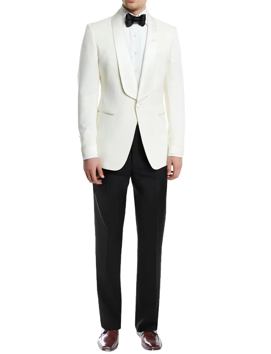 

Мужской костюм Slim Fit из 2 предметов: белый пиджак с шалевым воротником на одной пуговице и черные брюки. Деловой костюм, формальный костюм для жениха, смокинг.