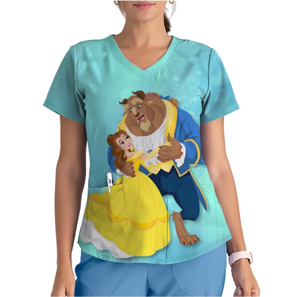 

Женская униформа-скраб с v-образным вырезом и принтом, топы-скрабы для медсестры с карманами, комбинезон для медсестры «Красавица и чудовище» Диснея