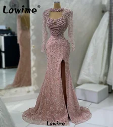 Aso Ebi Pink Prom Dresses Beading Pearls Evening Formal Party Birthday Engagement Gowns Dresses Robe De Soiree With Side Split