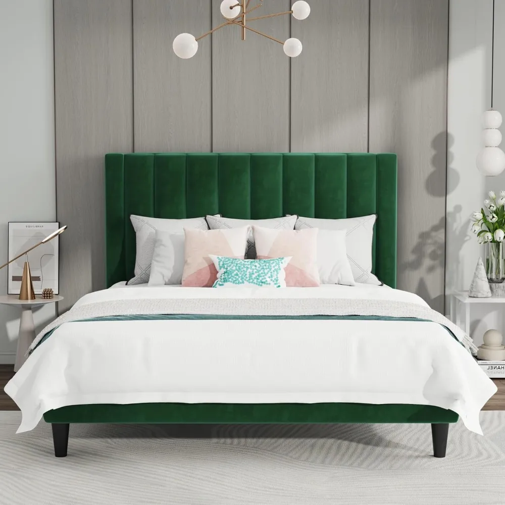 

Full Bed Frame/Velvet Upholstered Platform Bed Frame with Headboard/Strong Wood Slats Support/Mattress Foundation/No Box Spring