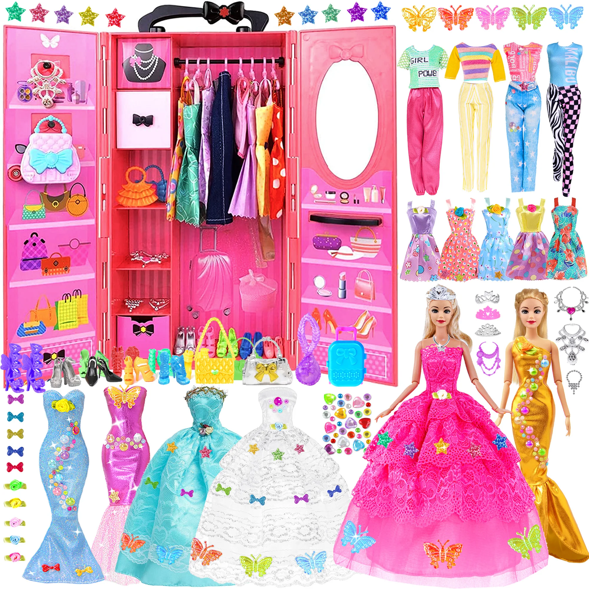 

139pcs 11.5 inch Girl Doll with Doll Closet Clothes and Accessories Including Wedding Doll, Dress, Outfits, Shoes, Hangers