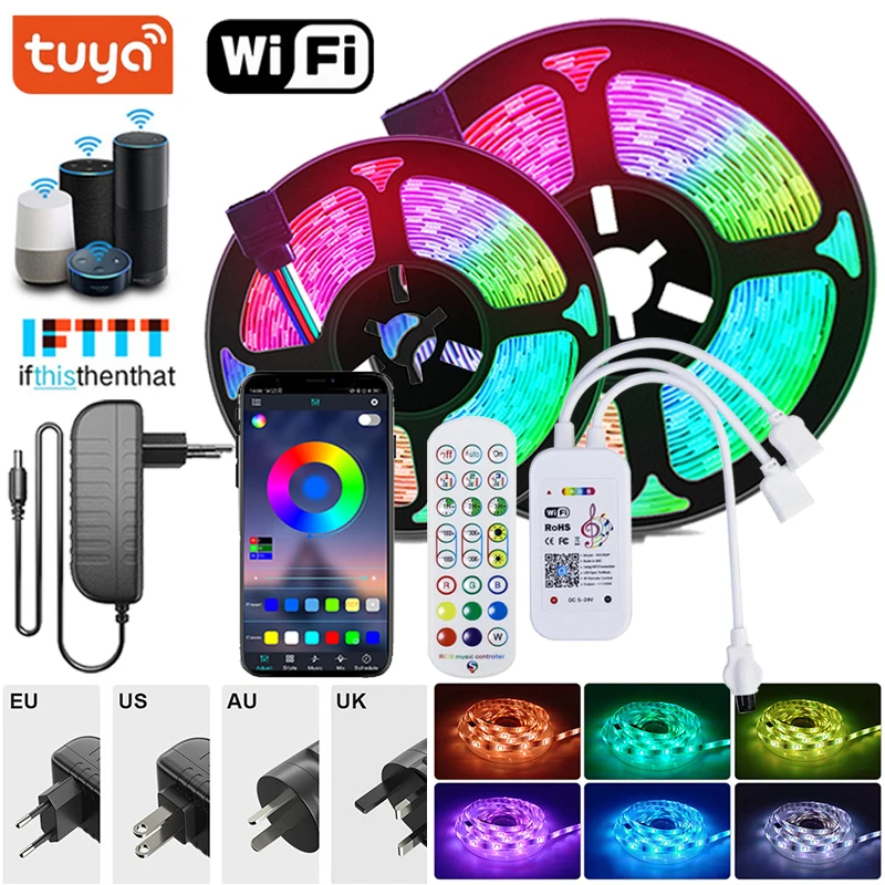 Smart RGB LED Strip Lights para decoração de quarto, fita, música Sync, decoração Tuya Wall, Wi-Fi, 220V, 10m, 5050