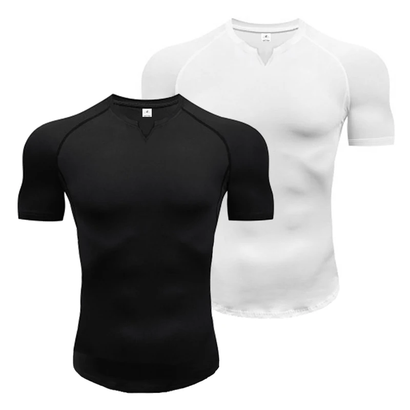 

Mens Running T-shirts Solid Slim Fit V-neck Fitness T Shirt Tight Gym Clothing Bodybuilding Workout Quick Dry Training Tee Shirt