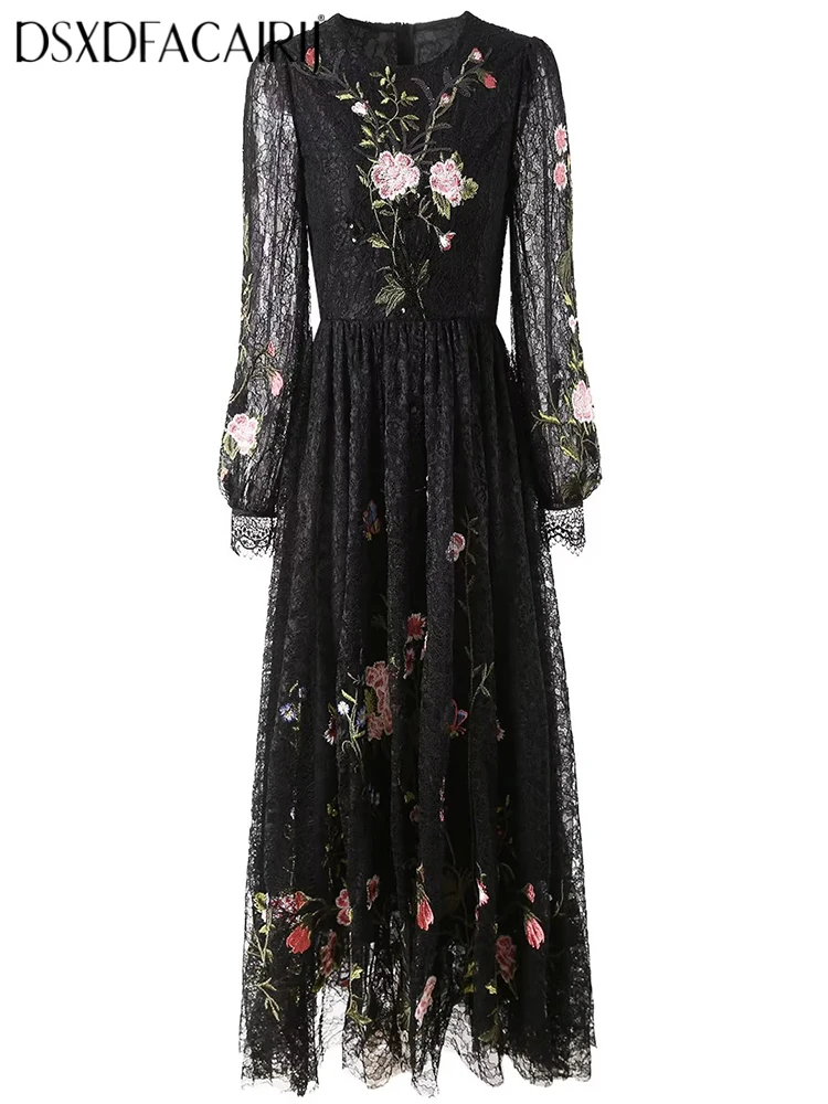 DSXDFACAIRIJ Women's Vintage Lace Flora Embroidery Dress O-Neck Lantern Sleeve Sequins Black Fashion Spring Collection