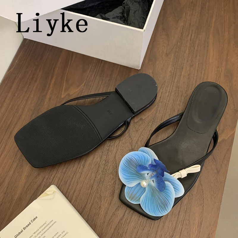 Liyke แฟชั่นฤดูร้อนออกแบบดอกไม้คลิป Toe Flip Flops ผู้หญิงแบนรองเท้าแตะกลางแจ้งรองเท้าแตะชายหาดหญิงรองเท้า Mules สไลด์